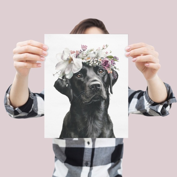 Watercolor Labrador Retriever with Flower Crown Portrait Wall Art Print Unframed - Picture 4 of 7
